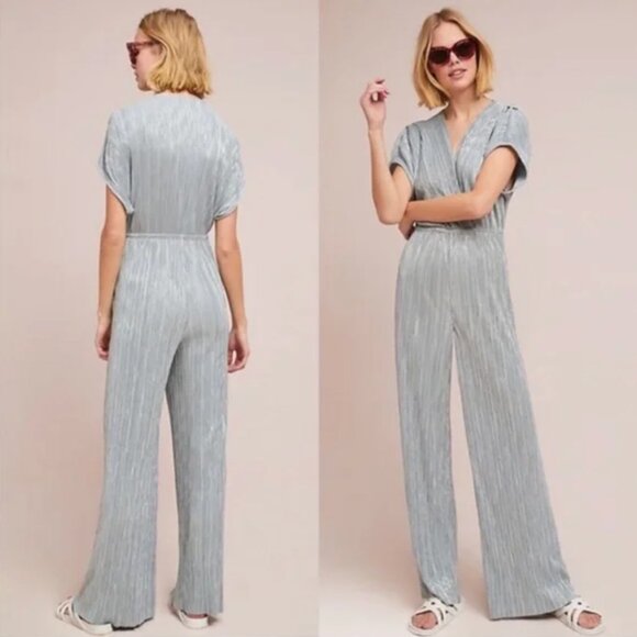 Anthropologie Porridge Silver Champagne Pleated Metallic Wide Leg Jumpsuit small - Picture 1 of 13